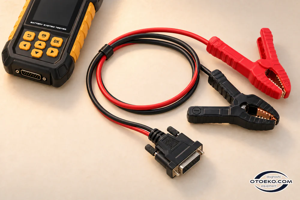 AUTOOL BT760 detachable red and black test leads, battery clamps and twin-screw connector.